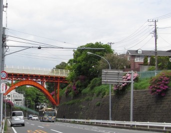 ▲（写真3）山元町電停の次、打越電停付近。廃止代替バスの103系統が坂を上ってくる。